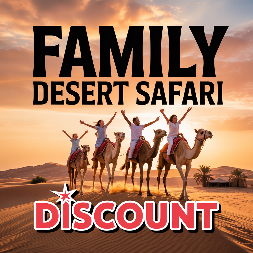 Family enjoying a discounted desert safari in Dubai with dune bashing, camel rides, and BBQ dinner safe, fun, and memorable adventure for all ages