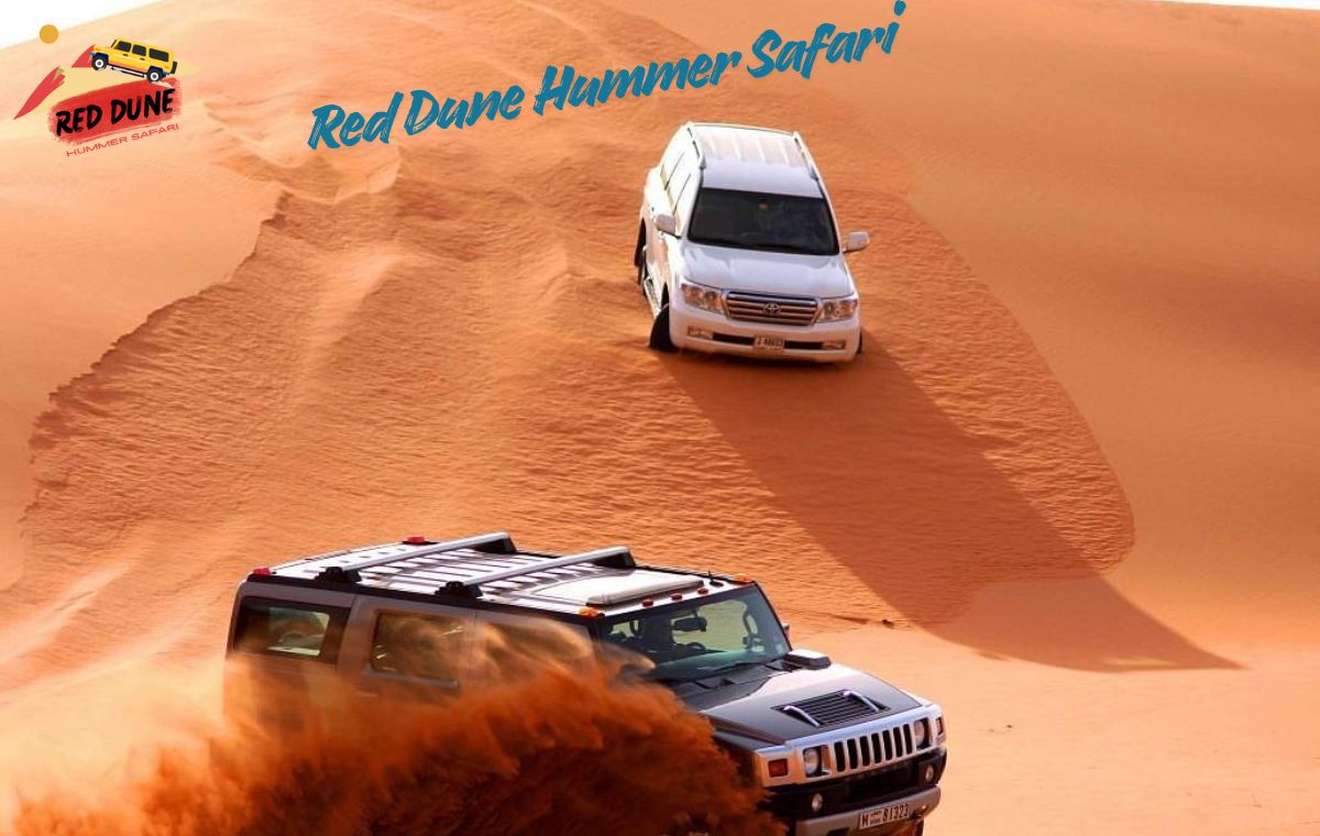 Luxury Hummer Safari Dubai 2026 pakages with Red Dune Hummer Safari driving across red desert dunes during sunset