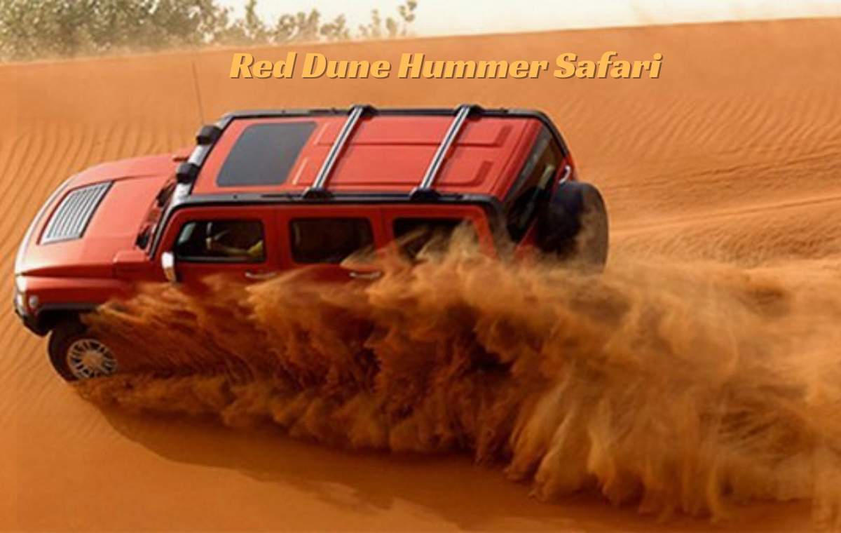 Hummer H2 desert safari dune bashing red dunes Lahbab Dubai 2026